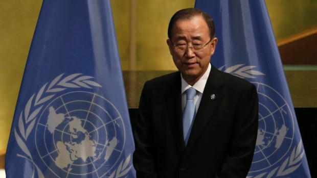 United Nations Secretary General Ban Ki-moon stands on the sidelines at a meeting at the United Nations headquarters in New York City on on Wednesday where he announced the Paris Climate Agreement has passed a key threshold with 60 countries formally sig