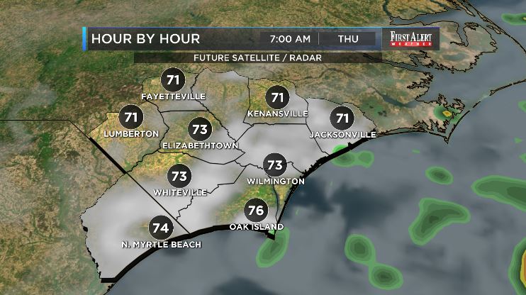 Starting off Thursday morning with clouds few coastal showers possible