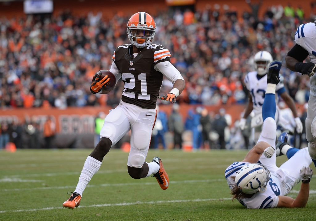 CLEVELAND OH- DECEMBER 07 Justin Gilbert #21 of the Cleveland Browns returns an interception for a touchdown during the third quarter against the Indianapolis Colts at First Energy Stadium