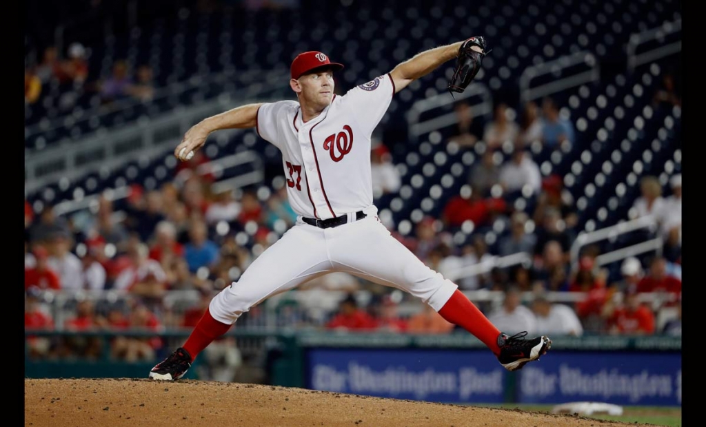 Washington Nationals starting pitcher Stephen Strasburg throws during the third inning of a baseball game against the Atlanta Braves at Nationals Park Wednesday Sept. 7 2016 in Washington