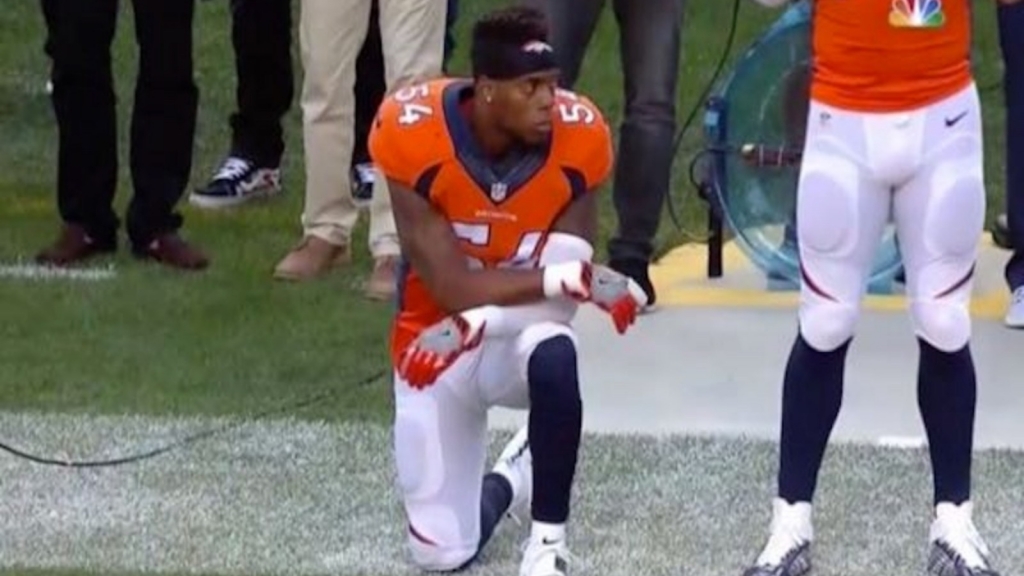 Broncos linebacker Brandon Marshall took a knee during the national anthem