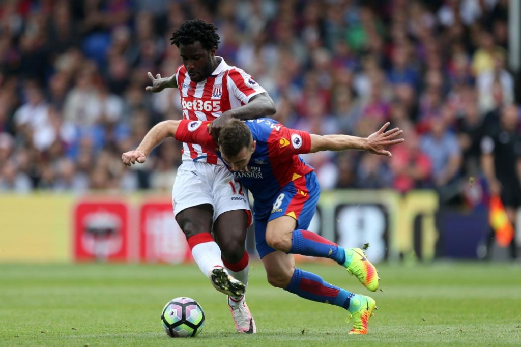 Stoke City's Wilfriend Bony left and Crystal Palace's James Mc Arthur battle for the ball during