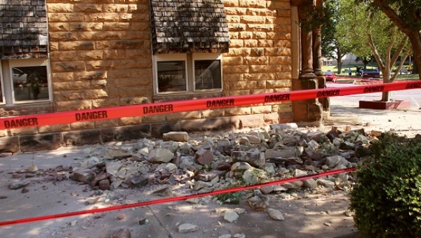 Stonework litters a sidewalk in Pawnee City Oklahoma after a 5.6 earthquake struck Sept. 3 2016