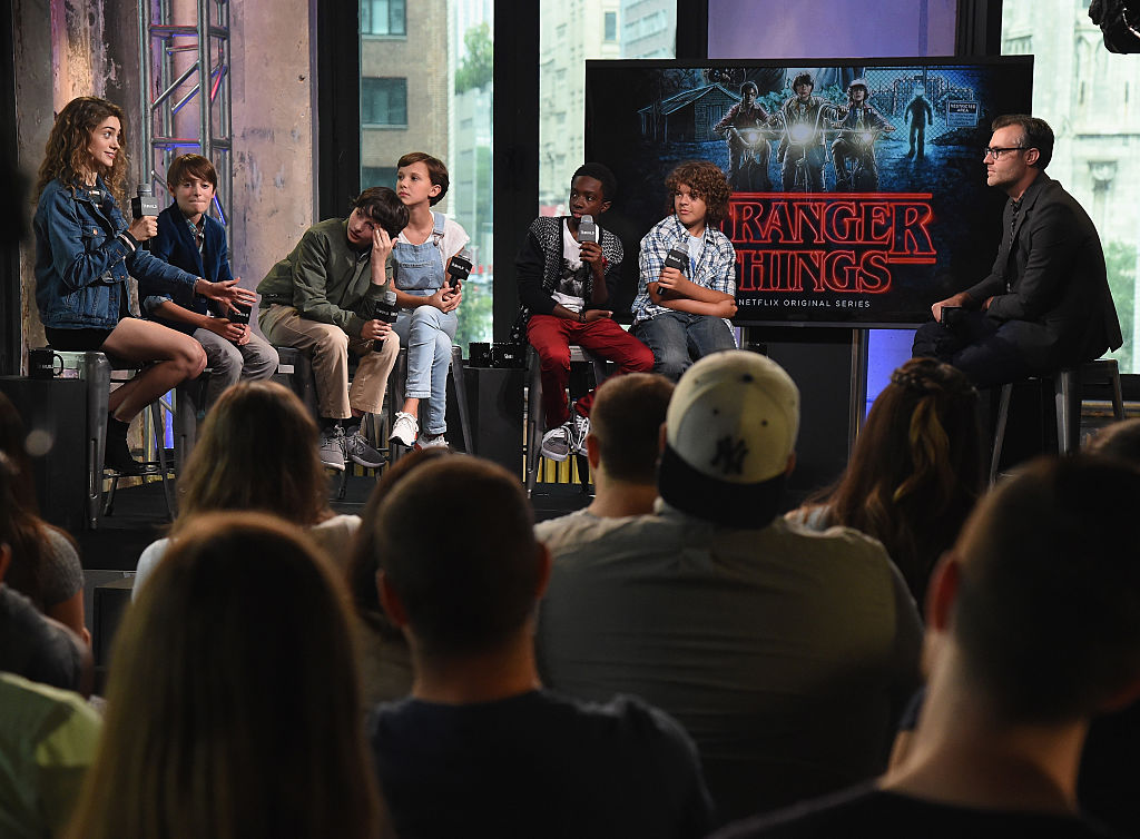 NEW YORK NY- AUGUST 31  Actors Natalia Dyer Noah Schnapp Finn Wolfhard Millie Bobby Brown Caleb Mc Laughlin and Gaten Matarazzo of 'Stranger Things&#039 attend the BUILD Series at AOL HQ