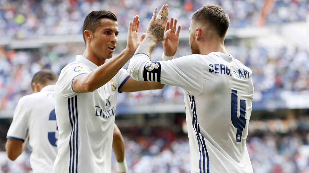 Super start Sergio Ramos and Cristiano Ronaldo celebrate after scoring their team’s third goalGETTY