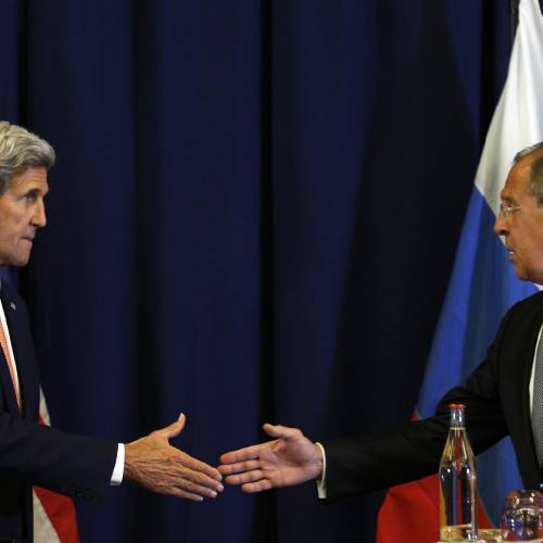 State John Kerry left and Russian Foreign Minister Sergei Lavrov are about to shake hands at the conclusion of a joint press conference following their meeting to discuss the crisis in Syria in Geneva Switzerland Friday Sep