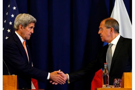 U.S. Secretary of State John Kerry left and Russian Foreign Minister Sergei Lavrov shakes hands at the conclusion of a news conference following their meeting to discuss the crisis in Syria in Geneva Switzerland. The deal