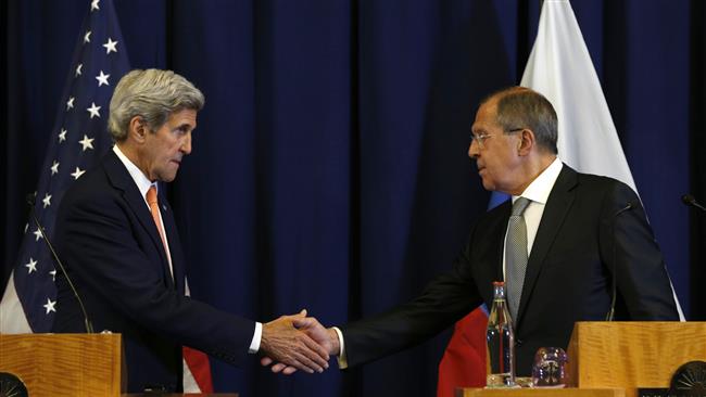 US Secretary of State John Kerry and Russian Foreign Minister Sergei Lavrov shake hands at the conclusion of a joint press conference following their meeting to discuss the crisis in Syria in Geneva Switzerland