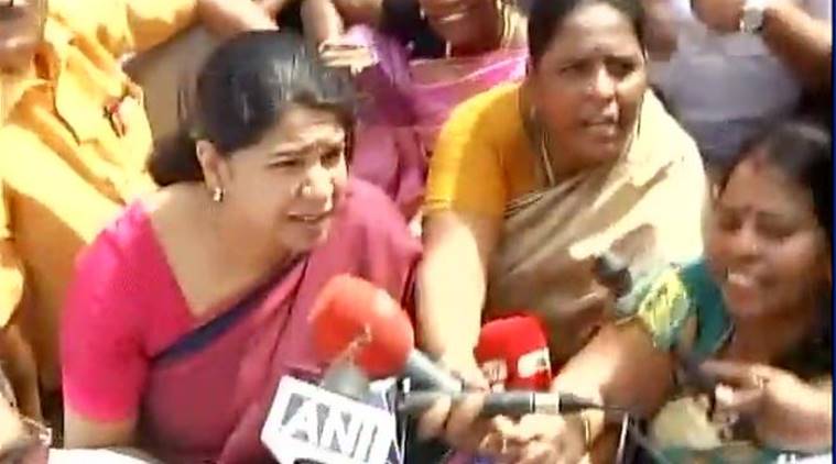 Tamil Nadu bandh DMK leader Kanimozhi protesting against the Cauvery water row along with DMK workers