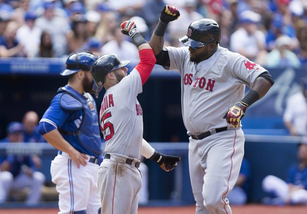 Boston Red Sox designated hitter David Ortiz celebrates his three-run homer in the 6th inning with teammate Dustin Pedroia during American League