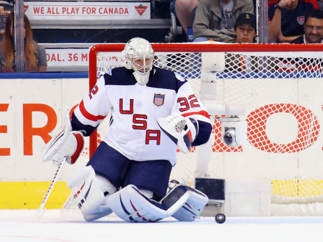 Jonathan Quick kicks aside a first-period shot against Team Europe during the World Cup of Hockey on Saturday in Toronto. Quick is starting ahead of the Lightning’s Ben Bishop