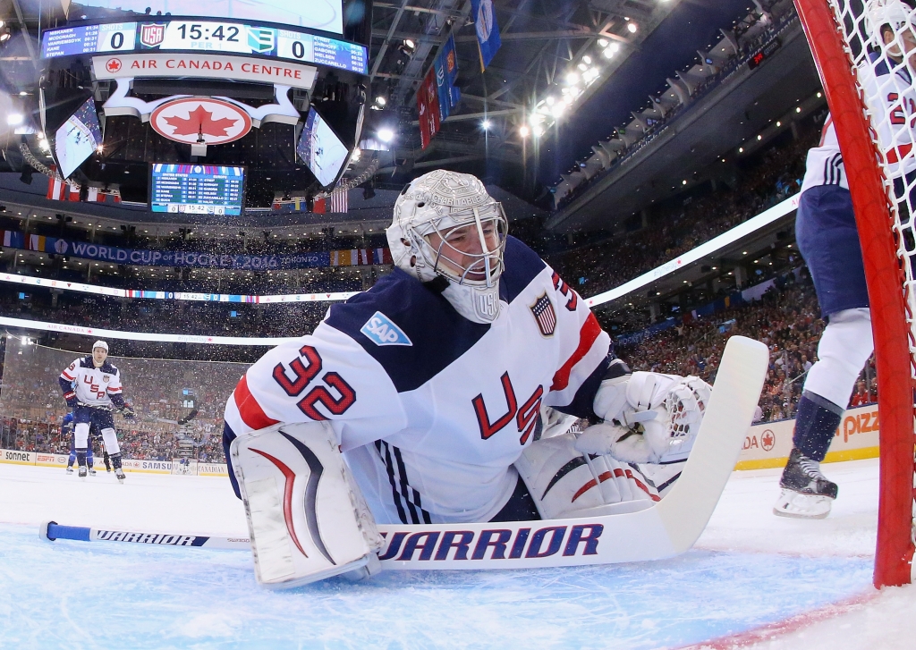 TORONTO ON- SEPTEMBER 17 Jonathan Quick #32 of Team USA looks back at the net following a first period goal by Marian Gaborik #12 of Team Europe during the World Cup of Hockey tournament at the Air Canada Centre