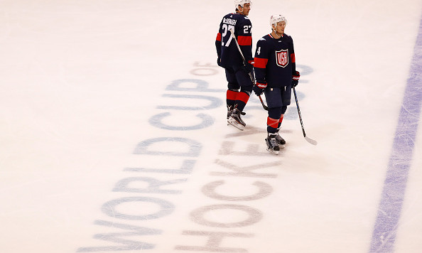 TORONTO ON- SEPTEMBER 20 John Carlson #4 and Ryan Mc Donagh #27 of Team USA look on while playing Team Canada during the World Cup of Hockey at the Air Canada Center