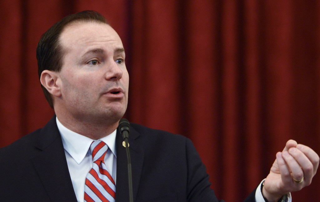 WASHINGTON DC- APRIL 28 Senator Mike Lee speaks during #JusticReformNow Capitol Hill Advocacy Day at Russell Senate Office Building