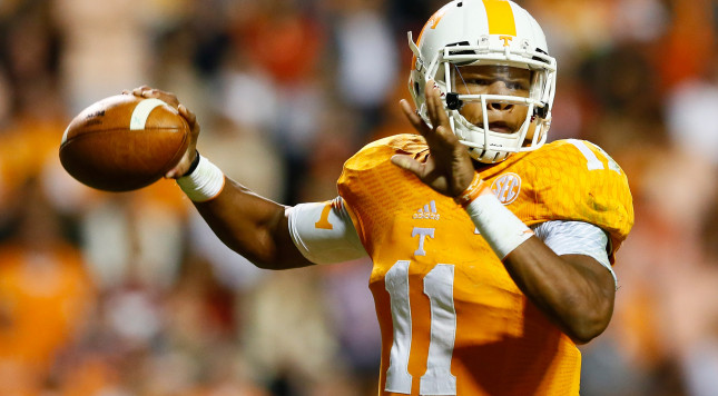 KNOXVILLE TN- OCTOBER 25 Joshua Dobbs #11 of the Tennessee Volunteers against the Alabama Crimson Tide at Neyland Stadium