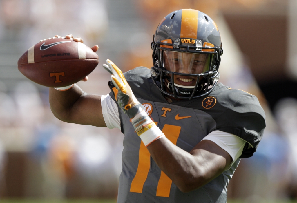 Tennessee quarterback Joshua Dobbs throws during warmups before an NCAA college football game against Florida Saturday Sept. 24 2016 in Knoxville Tenn