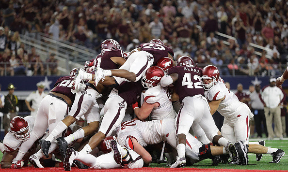 ARLINGTON TX- SEPTEMBER 24 The Texas A&M Aggies defense on the goal line against the Arkansas Razorbacks in the third quarter at AT&T Stadium