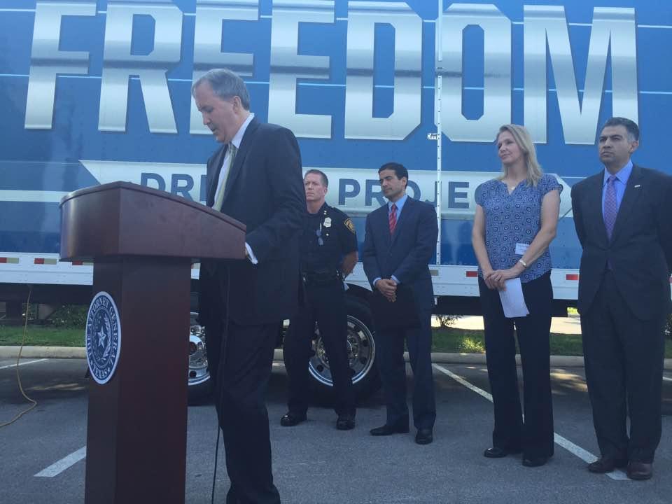 Texas AG Ken Paxton at a news conference with Truckers Against Trafficking at SAPD headquarters