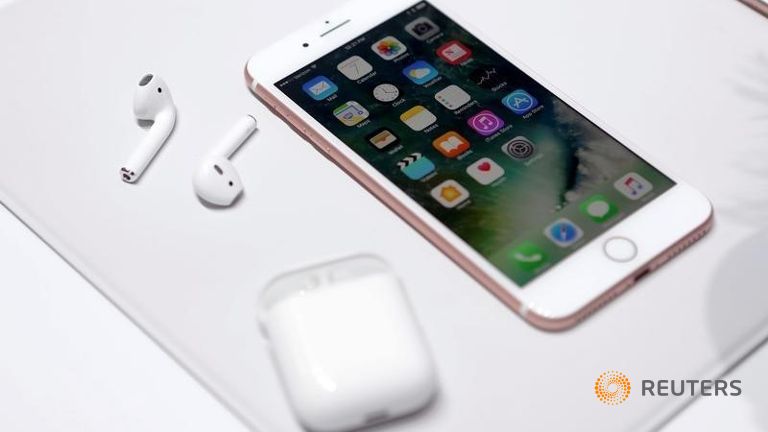 The Apple iPhone7 and Air Pods are displayed during an Apple media event in San Francisco California