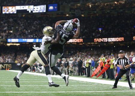 Sep 11 2016 New Orleans LA USA Oakland Raiders wide receiver Michael Crabtree makes a catch for a two-point conversion while defended by New Orleans Saints cornerback Ken Crawley late in the fourth quarter at the Mercedes Benz Superdome. Th