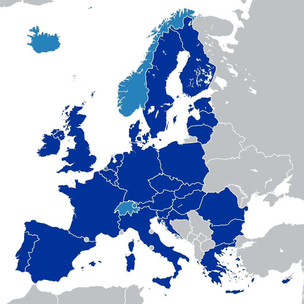 The EU single market. Countries in light blue are non-EU states that participate with exceptions