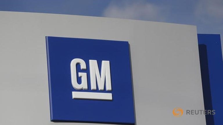 The GM logo is seen at the General Motors Warren Transmission Operations Plant in Warren Michigan