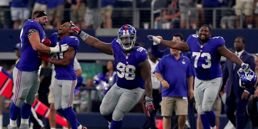 The Giants celebrate their Week 1 win at Dallas