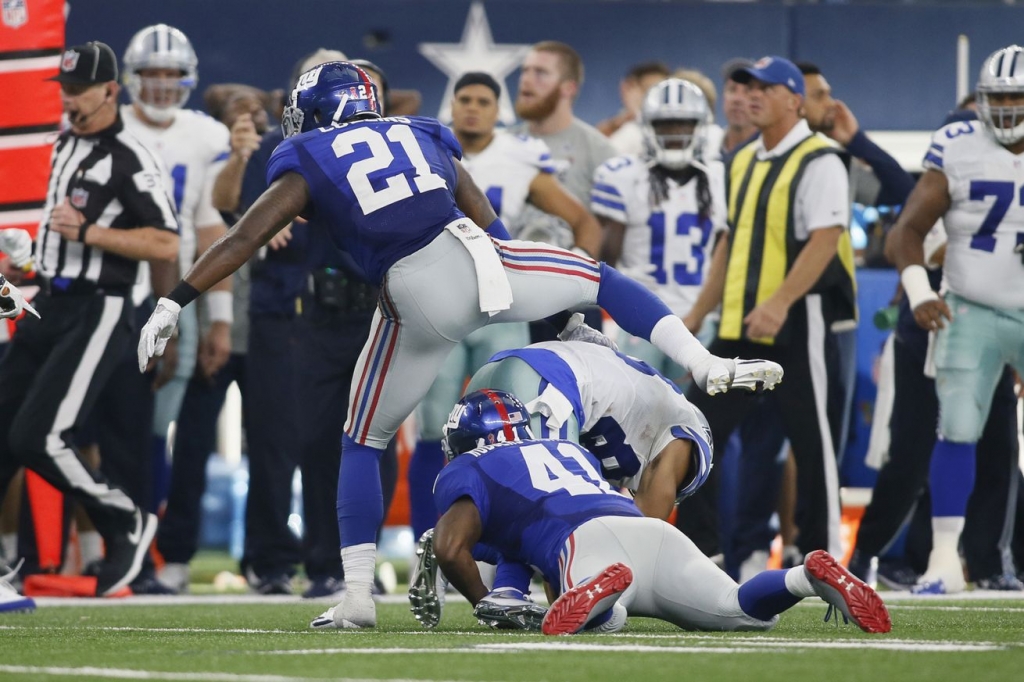 The Giants tackle Dallas receiver Terrance Williams on Sunday’s final play.- Tim Heitman-USA TODAY Sports