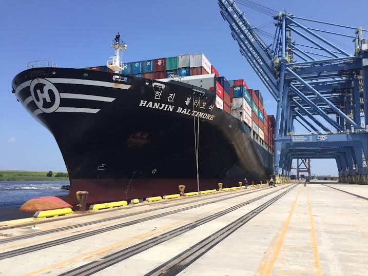 The Hanjin Baltimore container ship is the largest to ever dock at the Port of Wilmington. Courtesy of the North Carolina State Ports Authority