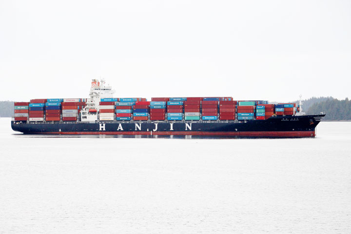 The Hanjin Scarlet sits in Prince Rupert’s inner harbour with its container cargo untouched.- Shannon Lough  The Northern View