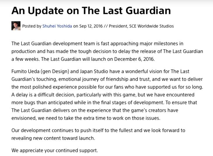 The Last Guardian new release date after delay