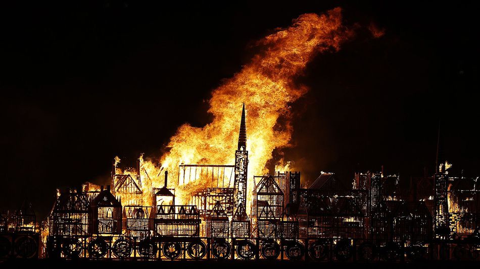 The London's Burning festival culminated on Sunday with a giant flaming replica of the 1666 London skyline