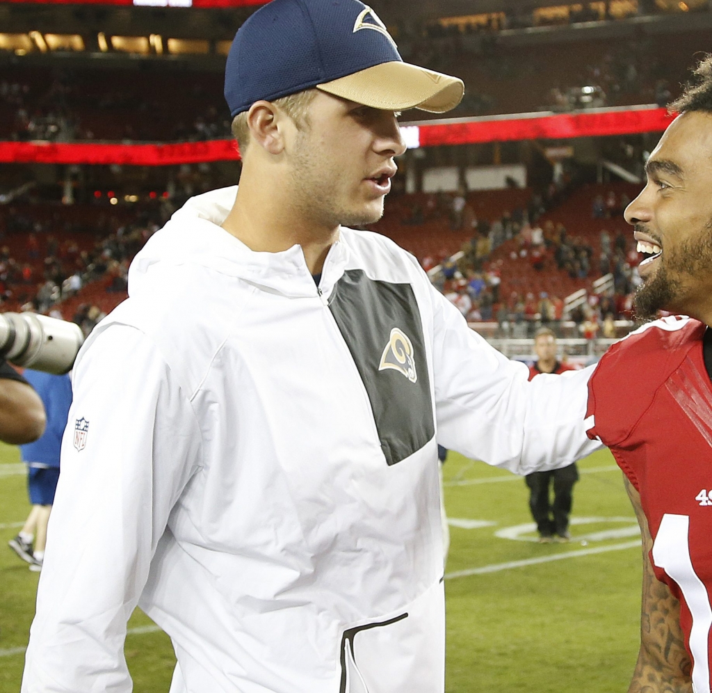 Los Angeles Rams quarterback Jared Goff left greets San Francisco 49ers&#039 Chris Harper after an NFL football game in Santa Clara Calif. Monday Sept. 12 2016. The 49ers won 28-0