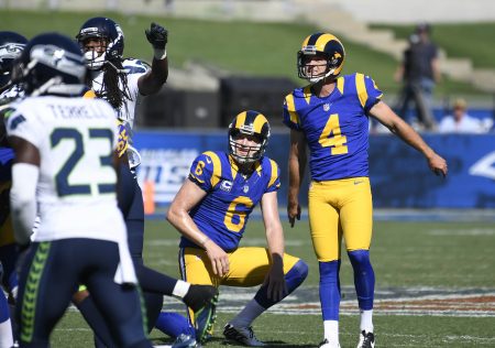 Sep 18 2016 Los Angeles CA USA Los Angeles Rams kicker Greg Zuerlein watches a field goal during the second half of a NFL game against the Seattle Seahawks at Los Angeles Memorial Coliseum. Mandatory Credit Richard Mackson-USA TODAY Sports