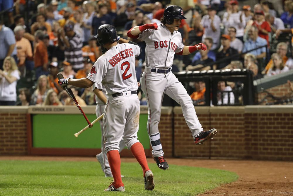 Boston Red Sox's Andrew Benintendi right celebrates his three-run home run with teammate Xander Bogaerts in the sixth inning of a baseball game against the Baltimore Orioles in Baltimore Wednesday Sept. 21 2016