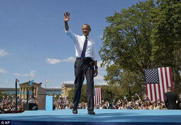 The President was welcomed by a crowd of Democrats outside the Philadelphia Museum of Art- the steps of which became famous in the Rocky Balboa films