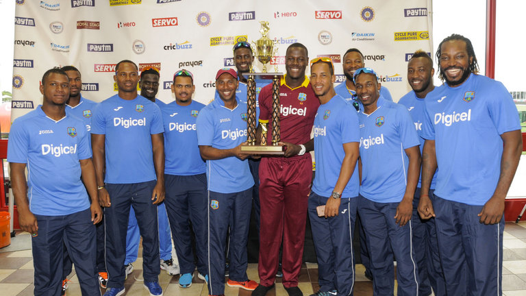 The West Indies team celebrate series victory in Florida