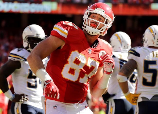 Kansas City Chiefs tight end Travis Kelce performs a celebration dance after the winning touchdown by quarterback Alex Smith in overtime in an NFL football game in Kansas City Mo. Sunday Sept. 11 2016. The Kansas City Chiefs won 33-27. (AP