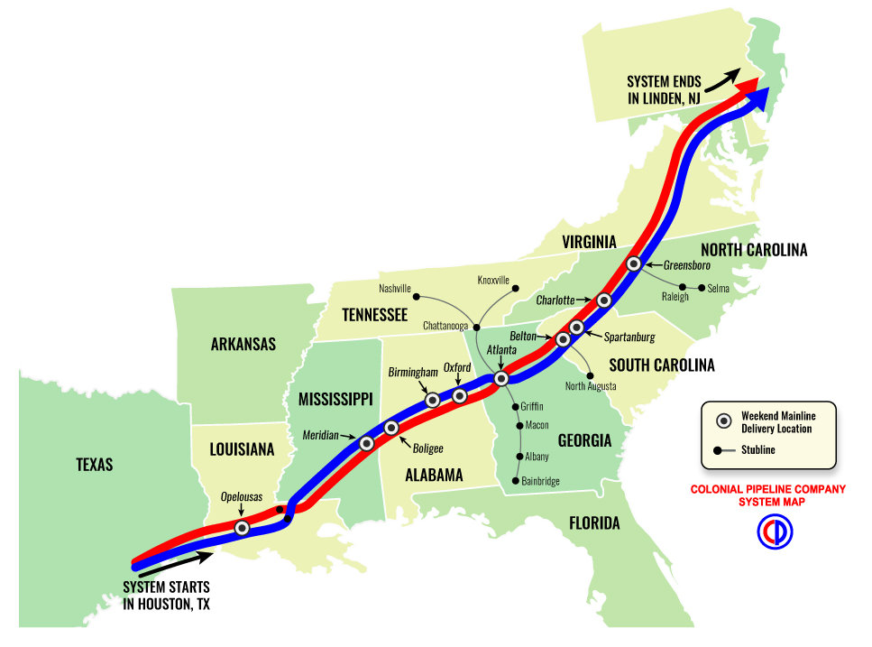 The route of the Colonial Pipeline which transports 1.3 billion barrels of gasoline daily