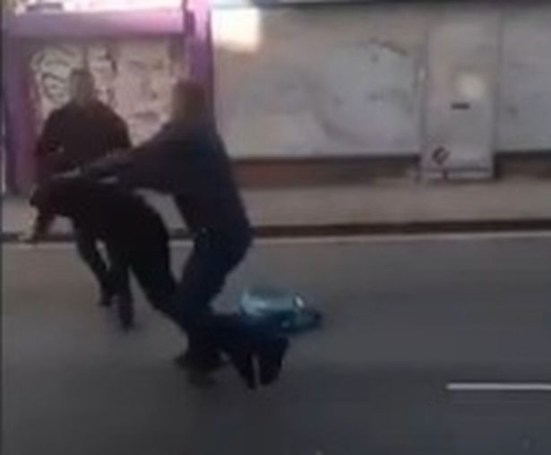 The shocking footage shows a man being pushed to the ground face-first