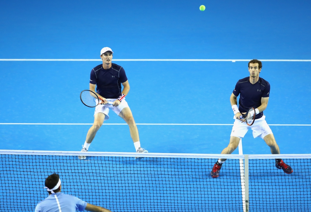 GLASGOW SCOTLAND- SEPTEMBER 17 Andy Murray and Jamie Murray of Great Britain in action during the doubles match against Juan Martin del Potro and Leonardo Mayer of Argentina on day two of the Davis Cup Semi Final between Gre