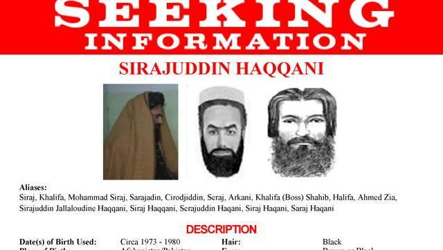 The wanted poster issued by the U.S. Federal Bureau of Investigation for Sirajuddin Haqqani is seen in an undated handout