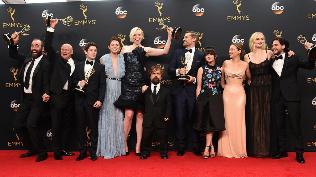 Winners of the award for outstanding drama series for Game of Thrones pose in the press room at the 68th Primetime Emmy Awards on Sunday Sept. 18 2016