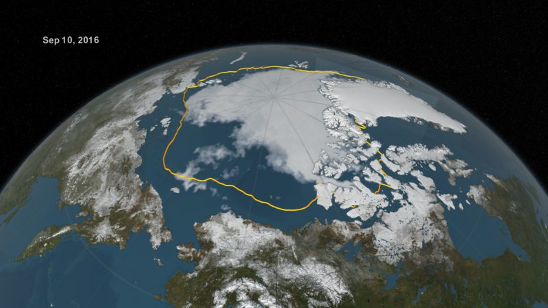 2016's summertime Arctic sea ice minimum in contrast to the average. Image via NASA  NSIDC