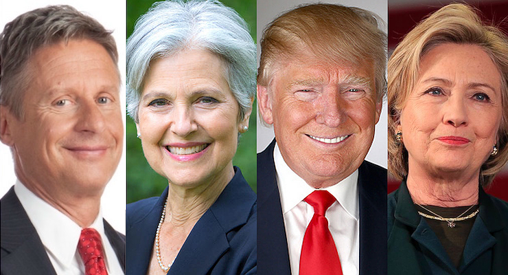 Election 2016 president candidates from left to right Libertarian Party candidate Gov. Gary Johnson Green Party candidate Dr. Jill Stein Republican Party candidate Donald J. Trump and Democratic Party candidate Hillary R. Clinton