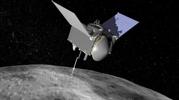 The Origins Spectral Interpretation Resource Identification Security Regolith Explorer spacecraft which will travel to the near Earth asteroid Bennu and bring a sample back to Earth for study is seen in an undated NASA artist rendering