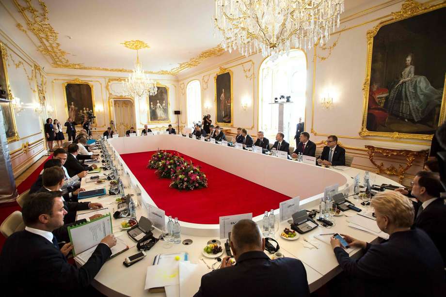 Prime ministers and presidents attend a round table during the European Union Summit in Slovakia