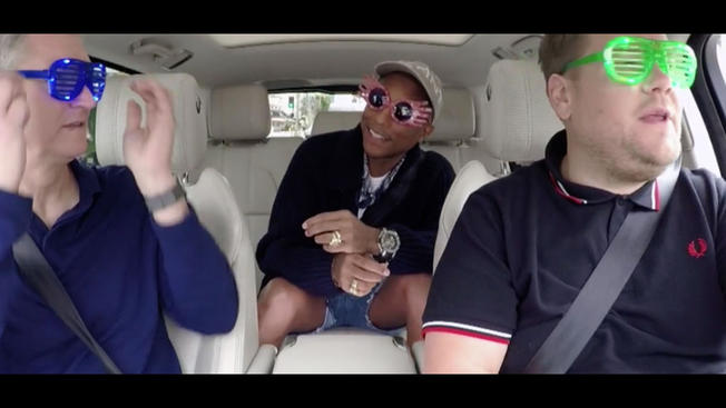 Tim Cook Pharrell Williams and James Corden appeared in a video at Apple's product event