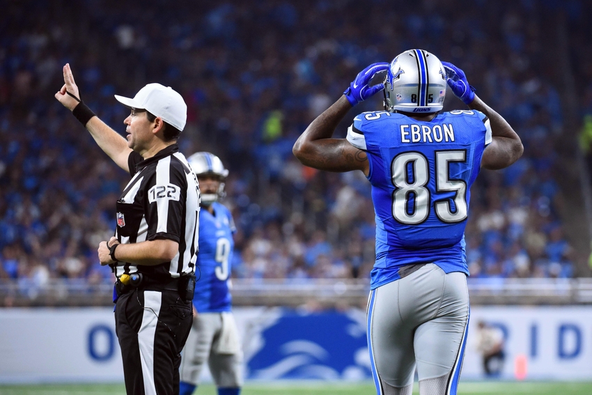 Sep 18 2016 Detroit MI USA Detroit Lions tight end Eric Ebron reacts as referee Brad Allen makes a call during the second quarter against the Tennessee Titans at Ford Field. Mandatory Credit Tim Fuller-USA TODAY Sports