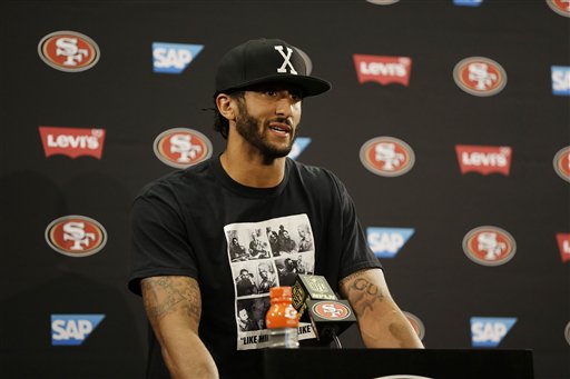 San Francisco 49ers quarterback Colin Kaepernick answers questions at a news conference after an NFL preseason football game against the Green Bay Packers Friday Aug. 26 2016 in Santa Clara Calif. Green Bay won the game 21-10